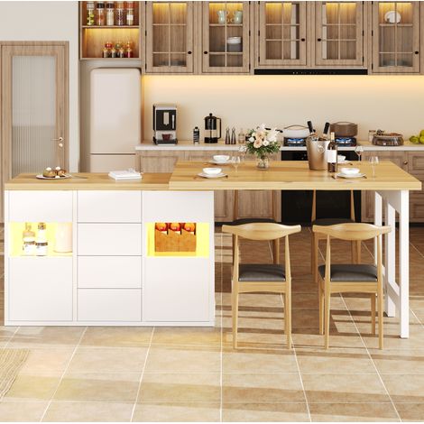 Isla de cocina rotativa 120-197x40x73,8 cm, LED RGB, 4 cajones, puertas de vidrio, almacenamiento, blanco (1/5)
