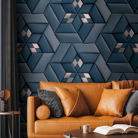 Fototapete Profhome 391783 heißgeprägte Vliestapete glatt mit geometrischen Formen matt blau platin schwarz-blau silber 1,59 m x 2,8 m