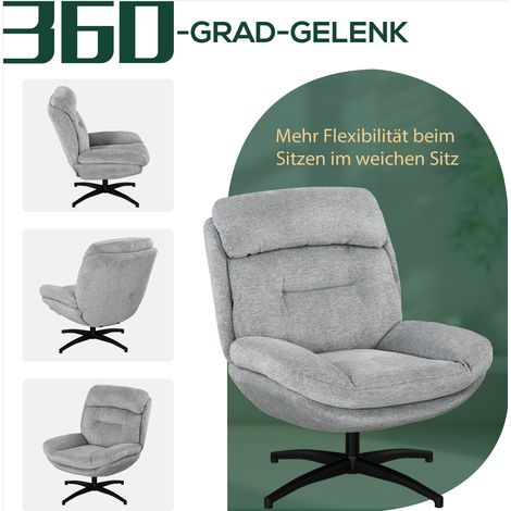 Fauteuil pivotant 360° en tissu chenille gris et noir, accoudoirs intégrés, piétement acier, rotation libre (1/4)