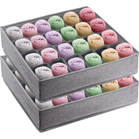 Organisateur de tiroir pour chaussettes et sous-vêtements, lot de 2 avec 24 compartiments pliable, rangement pour vêtements, lingerie et cravates - gris (1/5)