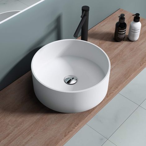 doporro Lavabo da Appoggio, Lavandino Bagno 40x40x15cm, Lavabo Tondo da Minerale Fuso Colossum804, Bianco Opaco (1/5)