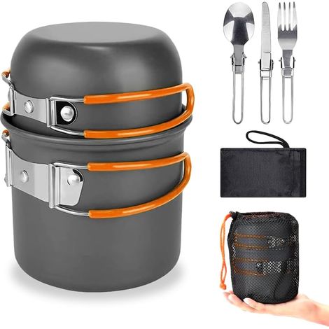 Ensemble d'ustensiles de cuisine de camping, portable, ultra léger, poignée pliable, grande capacité, pour le camping, la randonnée et les pique-niques, orange (1/5)