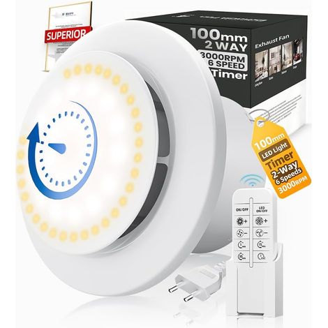 Ventilateur Extracteur d'air 100mm Timer, 3000tr/min 220m³/h, VMC 2 Sens 6 Vitesses avec LED Éclairage+Télécommande, Débit D'Air Puissant 2W Moteur DC Facile Installer Salle de Bain Lavoir Garage108E (1/5)