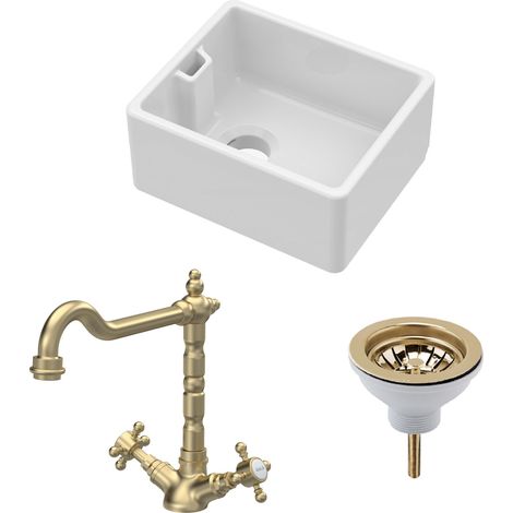 Fireclay Kitchen Bundle - Compact Single Bowl Belfast Sink, Strainer Waste & French Classic Tap, 460mm - Brushed Brass - Balterley