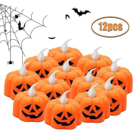 Set mit 12 flammenlosen Kürbis-Teelichtern, batteriebetrieben, LED, orangefarbene Laternen für Halloween-Dekorationen, Gastgeschenke bei Hochzeiten, warmes Licht (1/5)