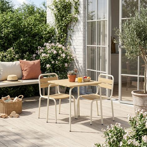 Table de jardin enfant acier et décor bois + 2 assises beige - Suzie (1/4)