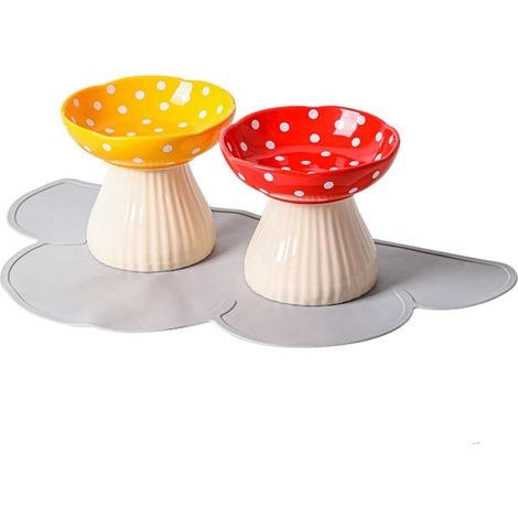 Lot de 2 gamelles surélevées en céramique pour chat avec coussinet antidérapant en silicone , en forme de champignon , gamelle anti-vomissements , 300 ml , rouge et jaune (1/5)
