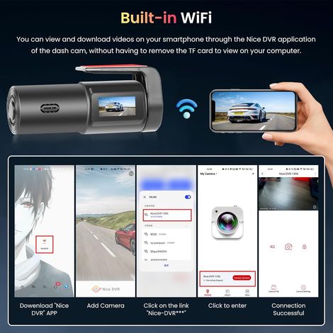 Dashcam per auto WiFi HD 1080P, mini dashcam anteriore per auto con telecamera per visione notturna, registrazione in loop, modalità parcheggio con sensore G + scheda da 64 GB (1/4)