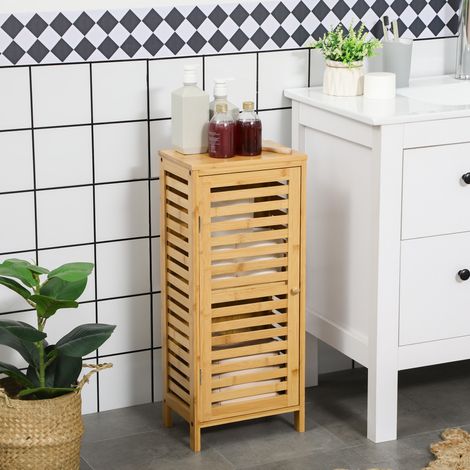 Meuble de salle de bain 30x19.9x70 cm couleur bois naturel en bambou avec porte à lattes et étagère réglable (1/5)