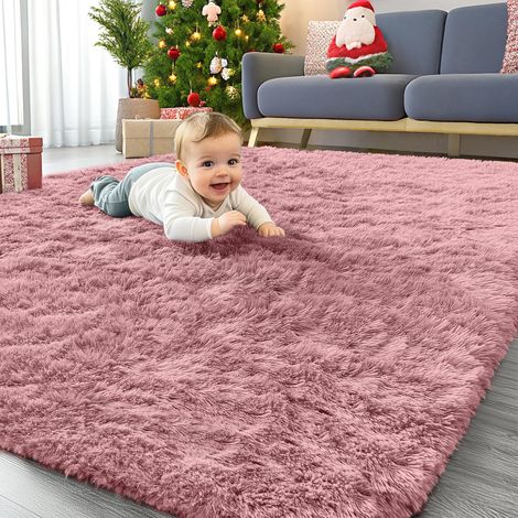 Tapis Moelleux à Poils Longs - Dessous antidérapant - Lavable - pour Le Salon, la Chambre d'enfant, la Chambre à Coucher - 60 x 100 cm, Rose (1/5)