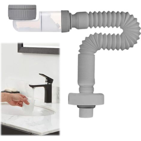 Siphon de 1 1/4", Siphon Économiseur d'espace, Lavabo Réglable, Tuyau de Vidange Flexible, Anti-Odeurs, Tuyau d'évacuation des Eaux Usées Remplaçable (Gris) (1/5)
