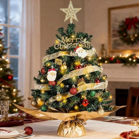 Árbol de Navidad de mesa con luces LED, 45 cm, árbol pequeño decorado con adornos colgantes para una decoración navideña DIY. (1/5)