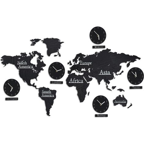 Relaxdays World Map with 5 Clocks, Wooden, Choose from 10 Different Cities, 3D Template Stencil, HxW: 61 x 113 cm, Black (1/5)