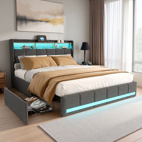 Lit 140x190 cm, USB et Type-C, RGB LED, scandinave, lit adulte, cadre de lit double 140x190 cm, Lin, gris