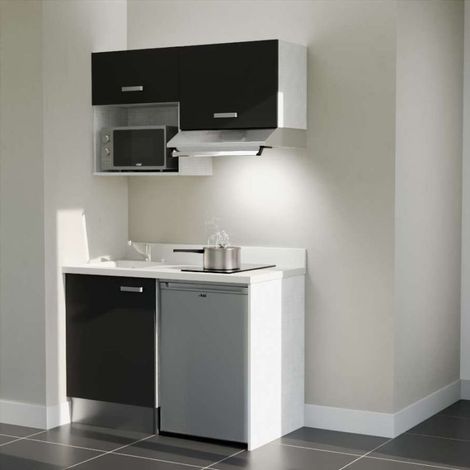 Kitchenette K02L - 120 cm avec plan monobloc, emplacement frigo, hotte et micro-ondes-Noir-Snova-évier à gauche (1/4)