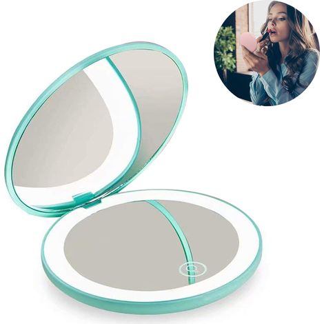 Miroir de maquillage lumineux compact et rechargeable, idéal pour les voyages, les sacs à main et les pochettes. Miroir grossissant x1 et x10, doté de 12 LED et d'un éclairage double face pliable. Cou