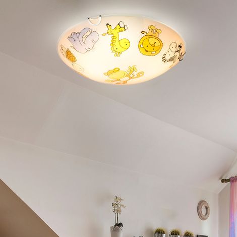 Kinderleuchte Deckenlampe Glas Kinderzimmerlampe rund, Glas bunt mit Tiermotiven, 2x E27, DxH 30x6,5 cm