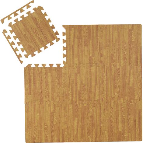 Tapis protection Relaxdays à rebord, 9 dalles puzzle pour sport/fitness, 0,85 m², mousse, aspect bois naturel