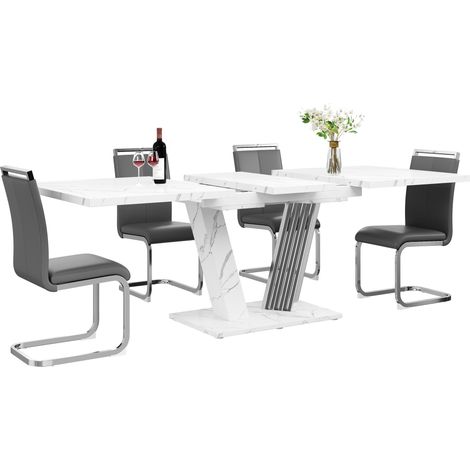 ELVMI Esszimmergruppe mit 1 Ausziehtisch und 4 Stühlen, für Esszimmer, MDF und Metall, Weiß (1/5)