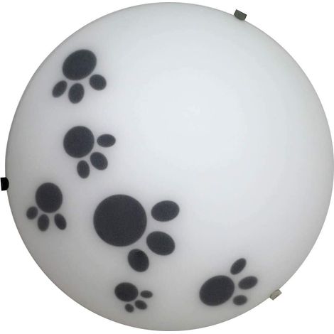 Plafonnier rond 25cm en verre satiné blanc décoré avec petites empreintes d'animaux