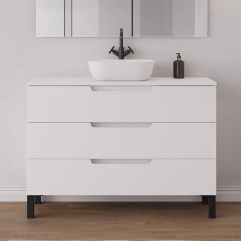 Meuble de salle de bain 120cm avec plateau et vasque à poser arrondie - 3 tiroirs - sans miroir - blanc mat - RIZA (1/5)