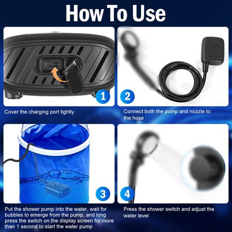 Douche électrique portable pour extérieur, camping, chantier et maison, pompe de douche noire avec batterie 2400mAh, pompe de douche mobile pour salle de bain temporaire (1/3)