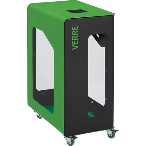 Borne de tri sélectif Cubatri Vigipirate à roulettes, sans serrure - verre - 90l - gris manganèse / vert jaune - RAL 6018 (1/3)