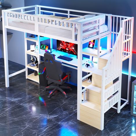 Cama alta con escritorio LED USB para estudio blanca HAVRYA (1/5)