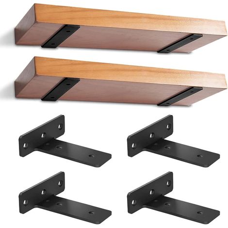 4 Pièces - Support étagère flottante - Équerre murale - Acier robuste charge lourde 70 kg - Fixation invisible pour salon bureau cuisine - Noir - 15 cm (1/5)