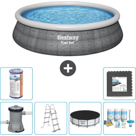 Piscine gonflable ronde Bestway à réglage rapide - Imprimé rotin - 457 x 107 cm - Comprend des Accessoires CB23 (1/5)