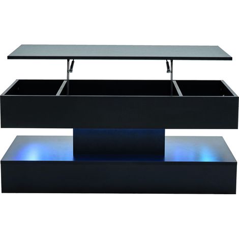 Table basse moderne avec éclairage LED, rangement caché et plateau réglable en hauteur 100x50x42 cm noir (1/5)