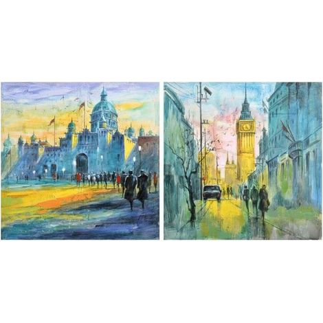 DKD Home Decor Ville cadre peint main jaune bleu 100x100 cm (1/2)