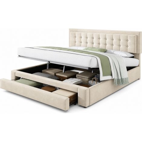 Stauraumbett Doppelbett mit Verstellbarem Kopfteil 160 x 200 cm, ohne Matratze, Beige (1/5)