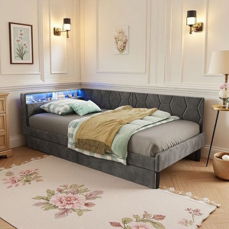 Cama infantil 90x200 cm con 2 cajones y LED, USB, Cama tapizada, Cama combinada, Cama individual, Sofá cama con somier, Estructura de cama, Gris (1/5)