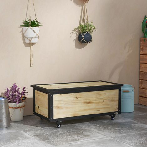 Gartenbox 100x50x43 cm natur Holz mit Rollen und Deckel (1/5)