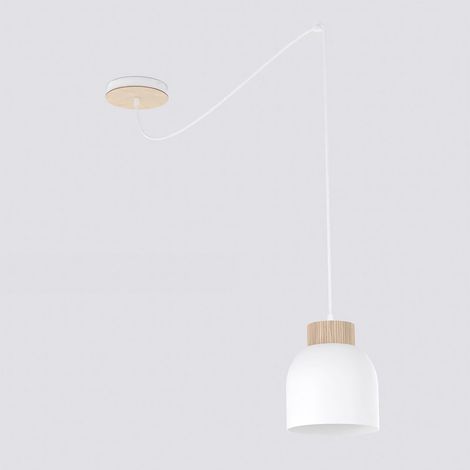 Lampada a sospensione KRU in acciaio bianco opaco e legno