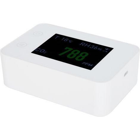 Détecteur de Qualité d'Air 2.8 pouces avec Capteur CO2 et PM2.5, Induction Infrarouge, Recharge USB, Blanc