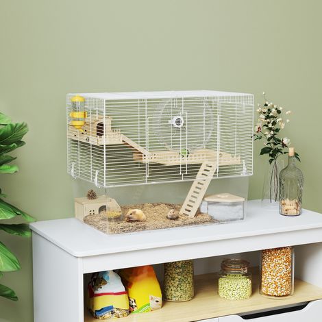 Cage à hamster à 3 niveaux, cage rongeur avec roue d'exercice, plateau profond transparent, 59 x 35,5 x 47 cm, blanc (1/5)