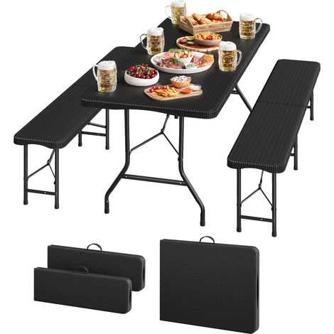 WOLTU Ensemble de Meubles de Jardin, Set de 3 pièces : Table + 2 bancs Pliables, avec Structure en Métal, en Aspect Rotin, Noir (1/5)