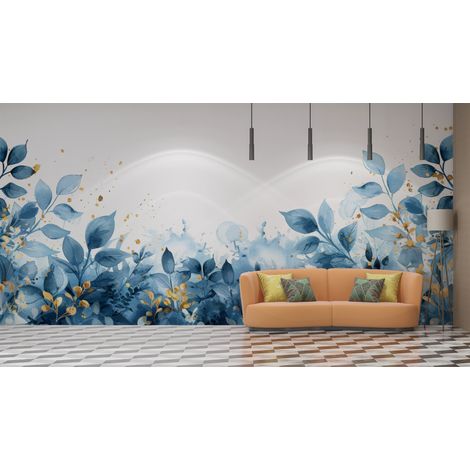 Papier peint fleuri - feuillage bleu et or aquarelle - 300 x 250 cm (1/2)