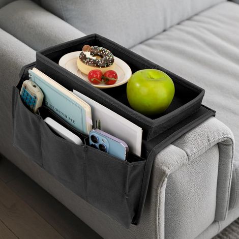 Organizer per braccioli per divano, borsa portaoggetti antiscivolo a 5 scomparti, supporto per telecomando, telefono, libri e snack, nero (1/5)