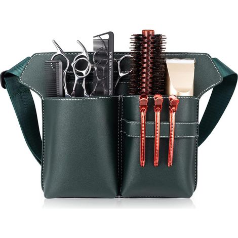 Sacoche pour ciseaux de coiffure en cuir synthétique vert avec bandoulière, idéale pour les salons de coiffure et les spas. (1/5)