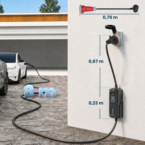 Borne de recharge portable 11 kW, câble triphasé CEE 16 A à prise Type 2, 8 mètres, chargeur réglable avec minuterie de démarrage programmée (1/5)