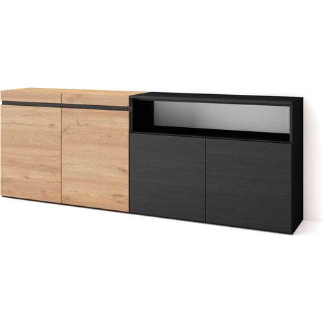 Aparador Campillos-01 de 200x75x35 cm con 4 puertas, color roble y negro (1/4)