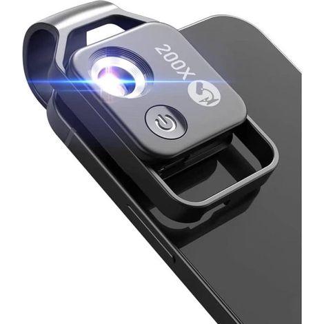 Mini microscopio per telefono, illuminazione CPL portatile, compatibile con iPhone e smartphone, microscopio tascabile portatile di varie marche, colore nero, zoom 200X. (1/5)