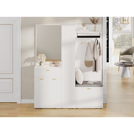 Vestiaire d'entrée 150x36x180 cm MDF et panneaux de particules blanc avec miroir et banc - CHICFURN (1/5)