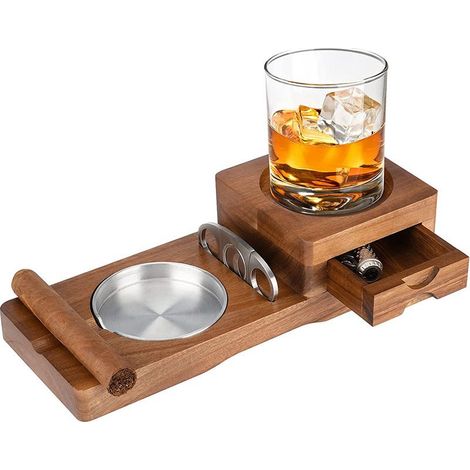 Cendrier à cigares avec sous-verre à whisky, plateau en bois et porte-cigares avec tiroir et fente pour cigares, accessoires pour cigares (1/5)