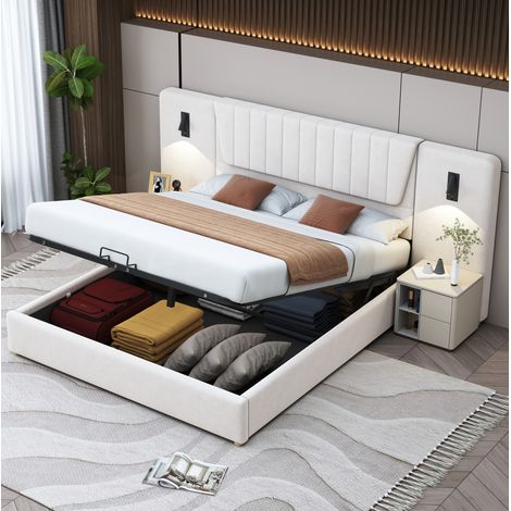 Bett Doppelbett Stauraum 180x200 Samt Beige OKMYHOME (1/5)
