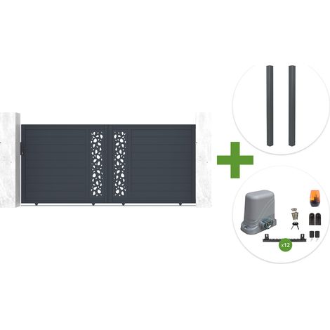 Puerta corredera SUNNY de 3,5 m de ancho y 160 cm de alto, de aluminio gris + 2 postes + motor Tanker C600