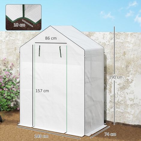 Serre de jardin blanche 143x74x190cm, 1 porte 1 fenêtre 3 étagères pour légumes fleurs (1/5)